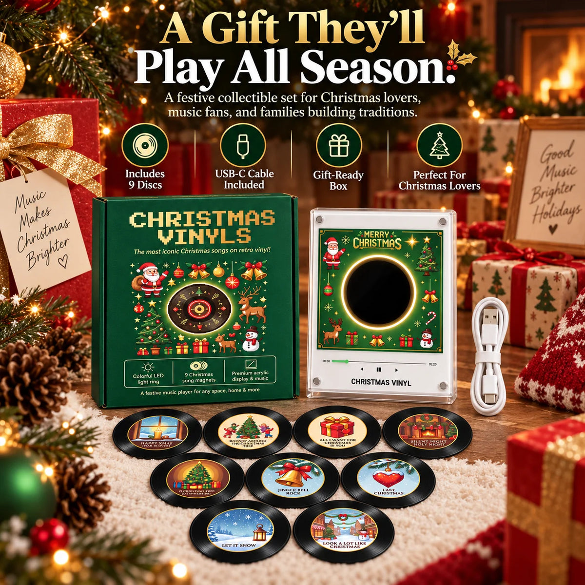 Christmas Vinyl Record Player Fridge Magnet